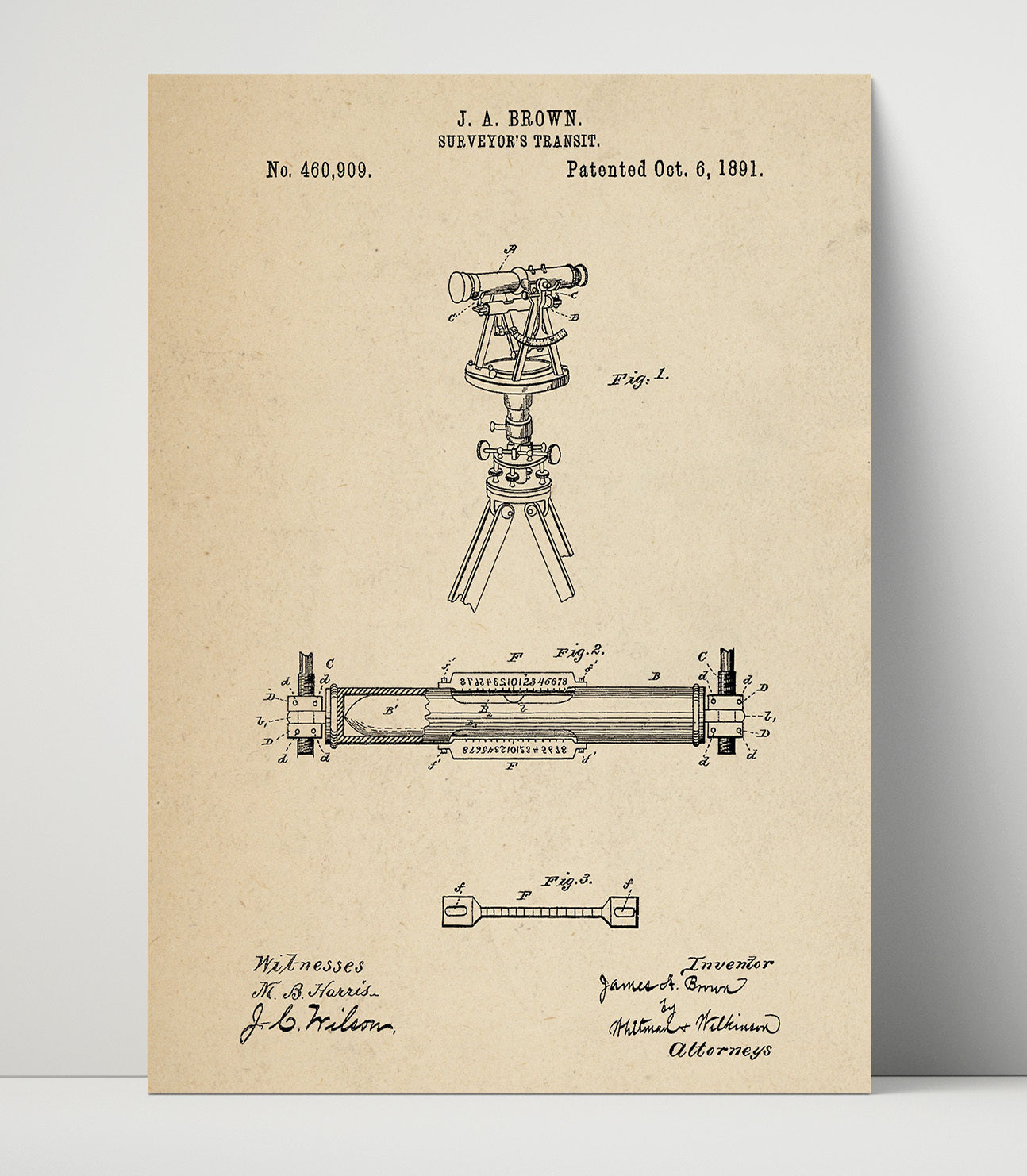 Patent Print - Surveyors Transit - J. A. Brown - 1891 - Patent 460909 Patent Wall Art