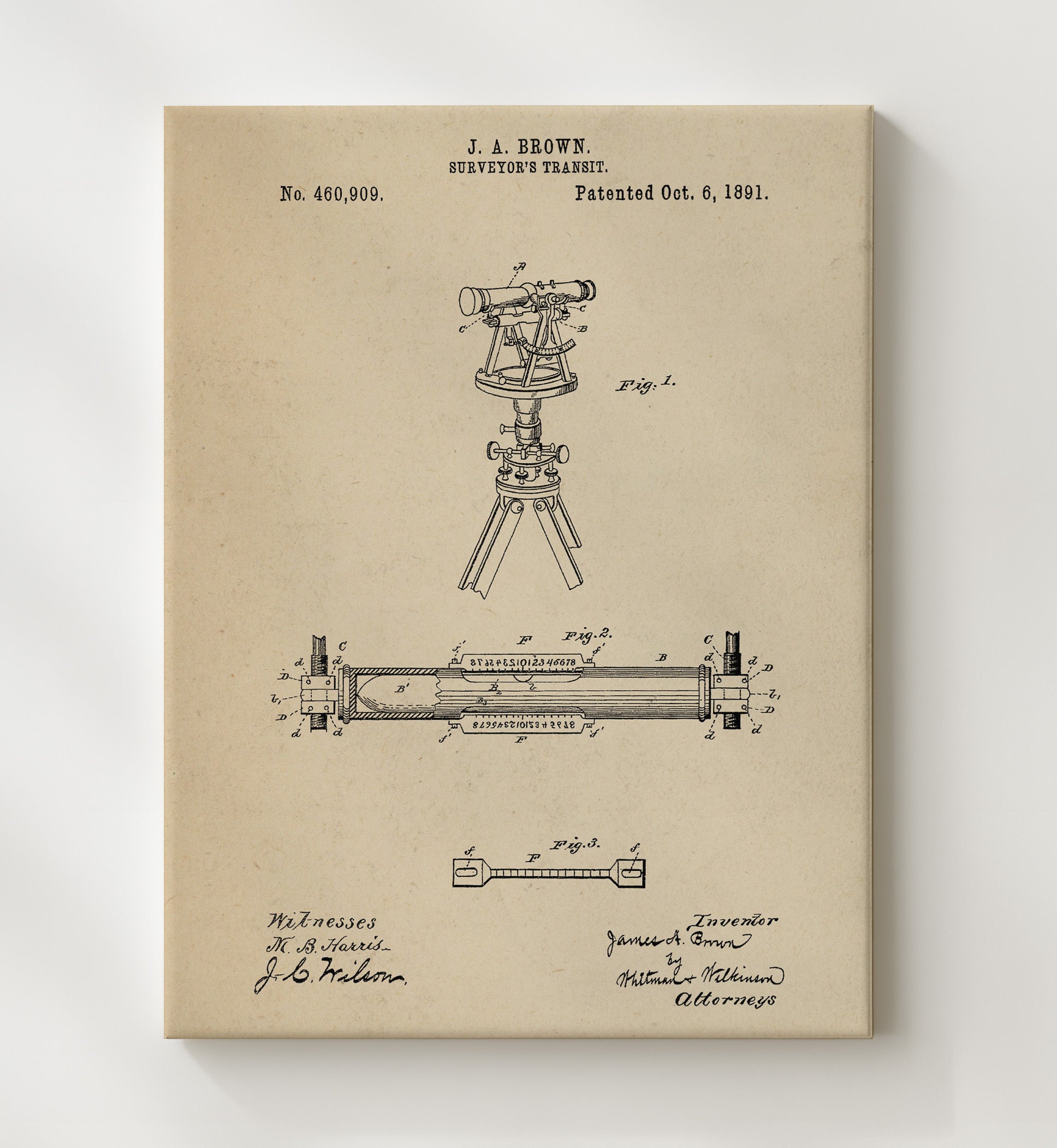 Patent Print - Surveyors Transit - J. A. Brown - 1891 - Patent 460909 Patent Wall Art