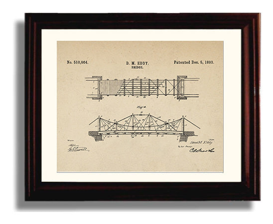 Patent Print - Suspension Bridge - Daniel M Eddy - 1893 - Patent 510064 - Landscape Patent Wall Art