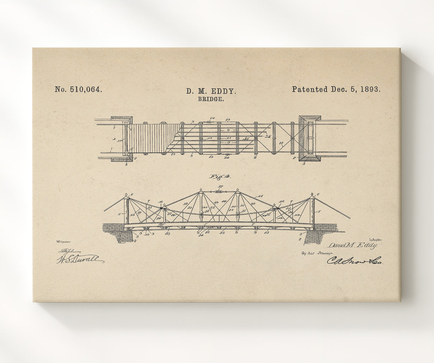 Patent Print - Suspension Bridge - Daniel M Eddy - 1893 - Patent 510064 - Landscape Patent Wall Art