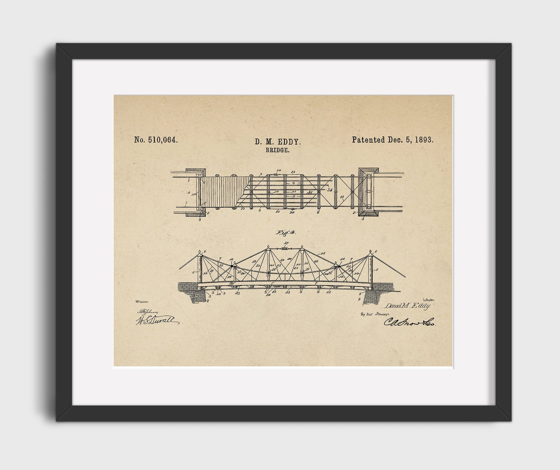 Patent Print - Suspension Bridge - Daniel M Eddy - 1893 - Patent 510064 - Landscape Patent Wall Art