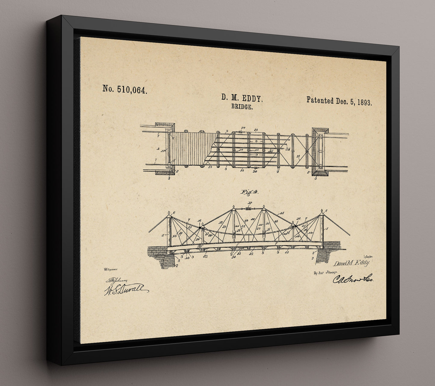 Patent Print - Suspension Bridge - Daniel M Eddy - 1893 - Patent 510064 - Landscape Patent Wall Art