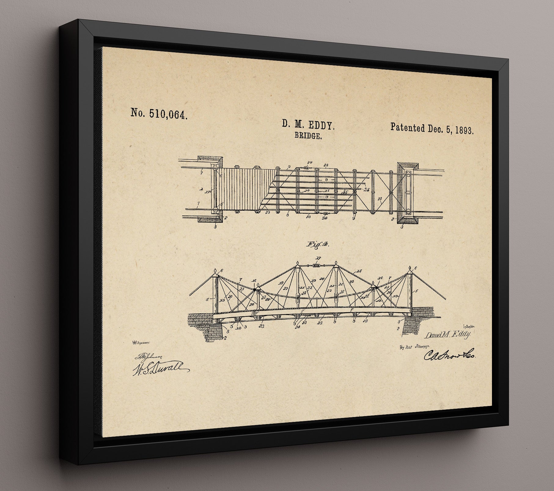 Patent Print - Suspension Bridge - Daniel M Eddy - 1893 - Patent 510064 - Landscape Patent Wall Art