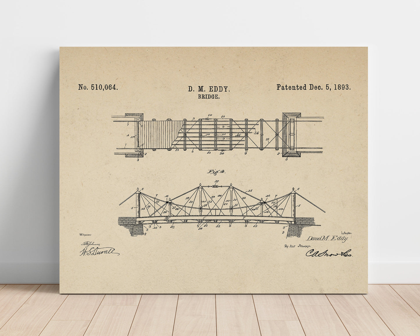 Patent Print - Suspension Bridge - Daniel M Eddy - 1893 - Patent 510064 - Landscape Patent Wall Art