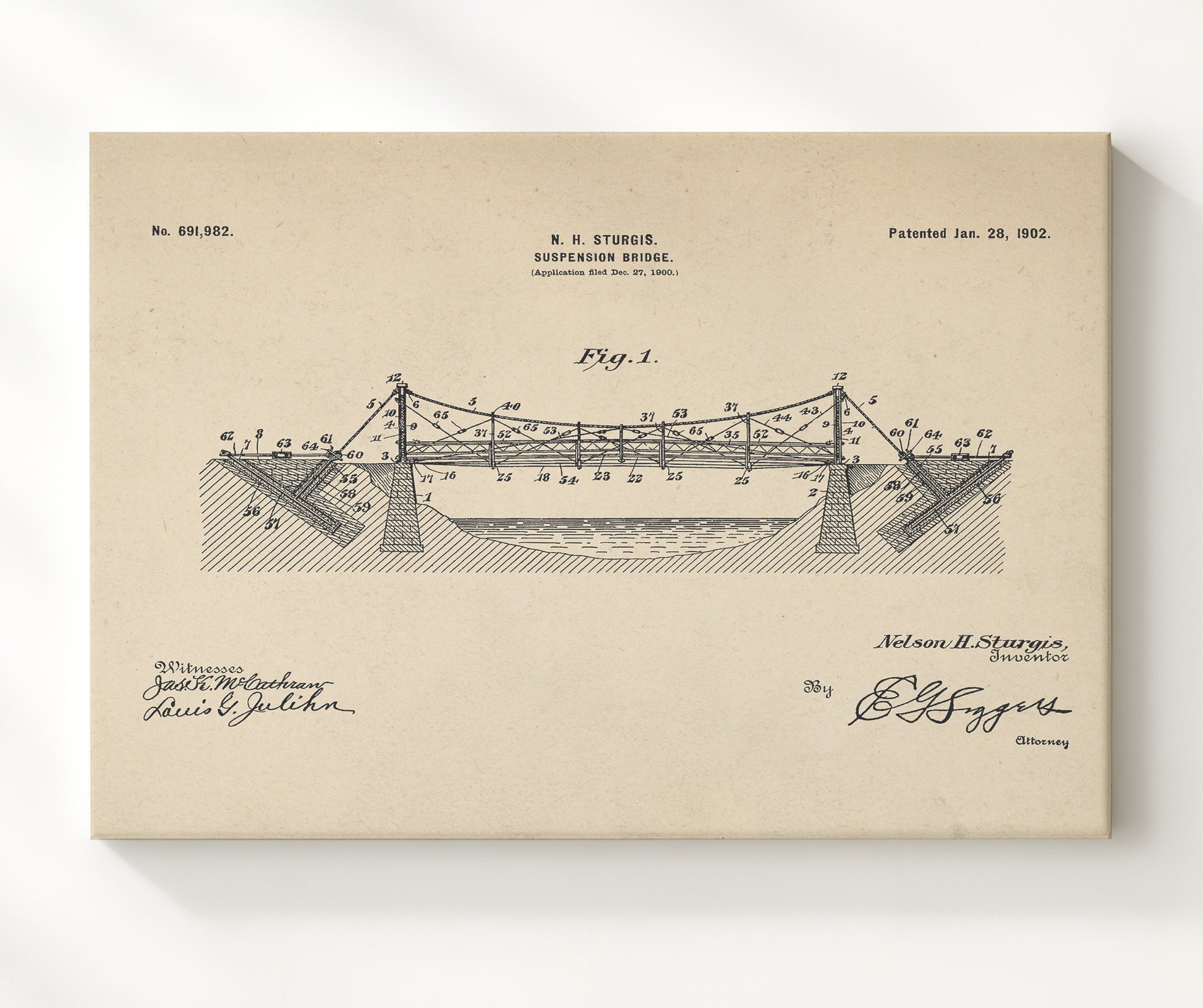 Patent Print - Suspension Bridge - N H Sturgis - 1902 - Patent 691982 - Landscape Patent Wall Art