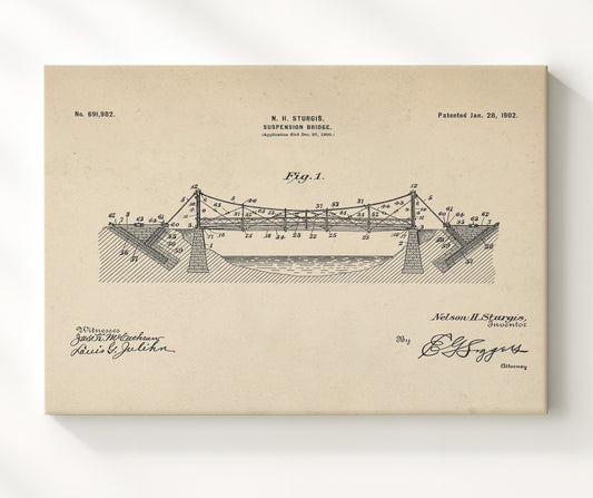 Suspension Bridge 1902 patent print wall art 8x10 Canvas