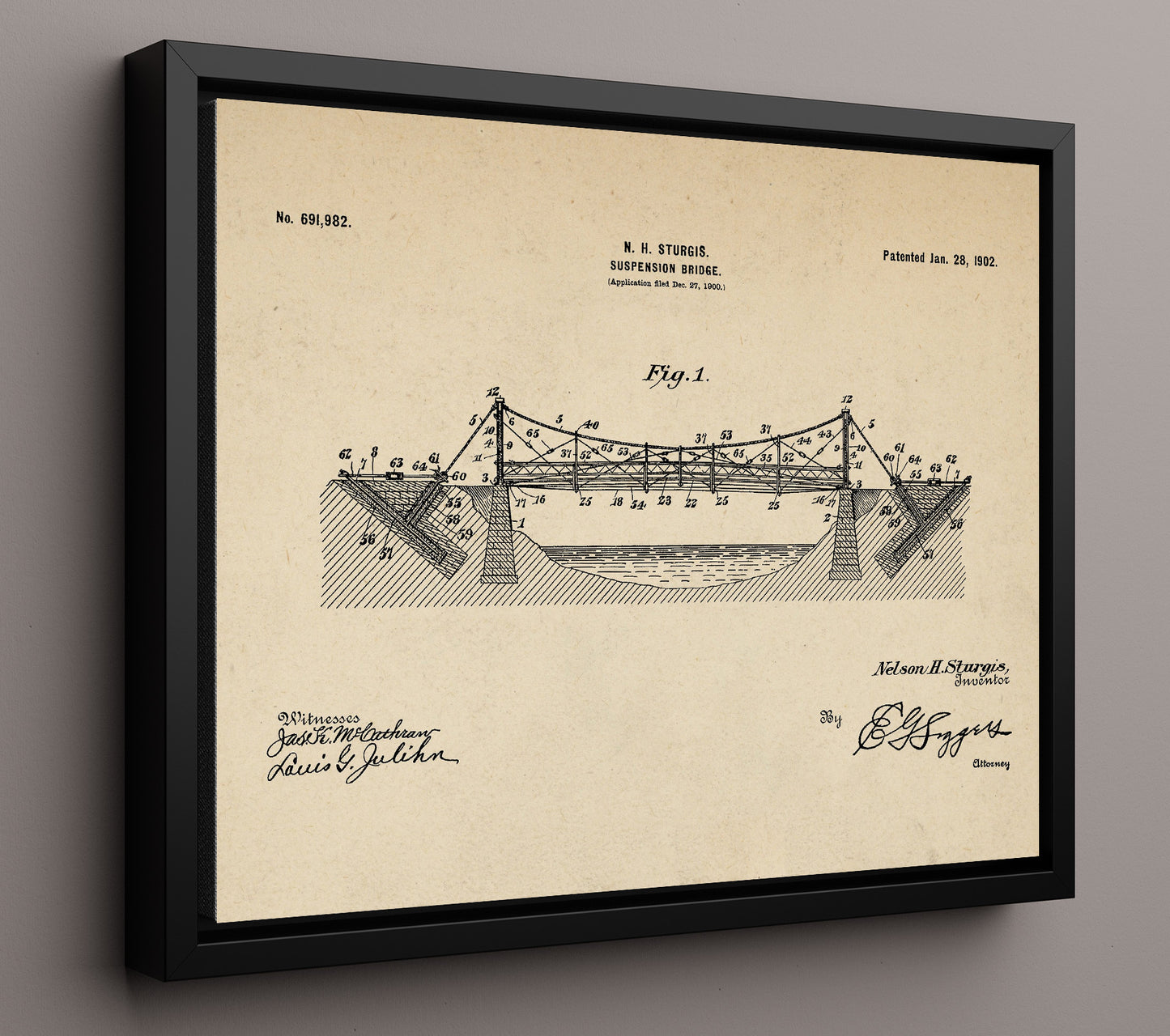 Patent Print - Suspension Bridge - N H Sturgis - 1902 - Patent 691982 - Landscape Patent Wall Art