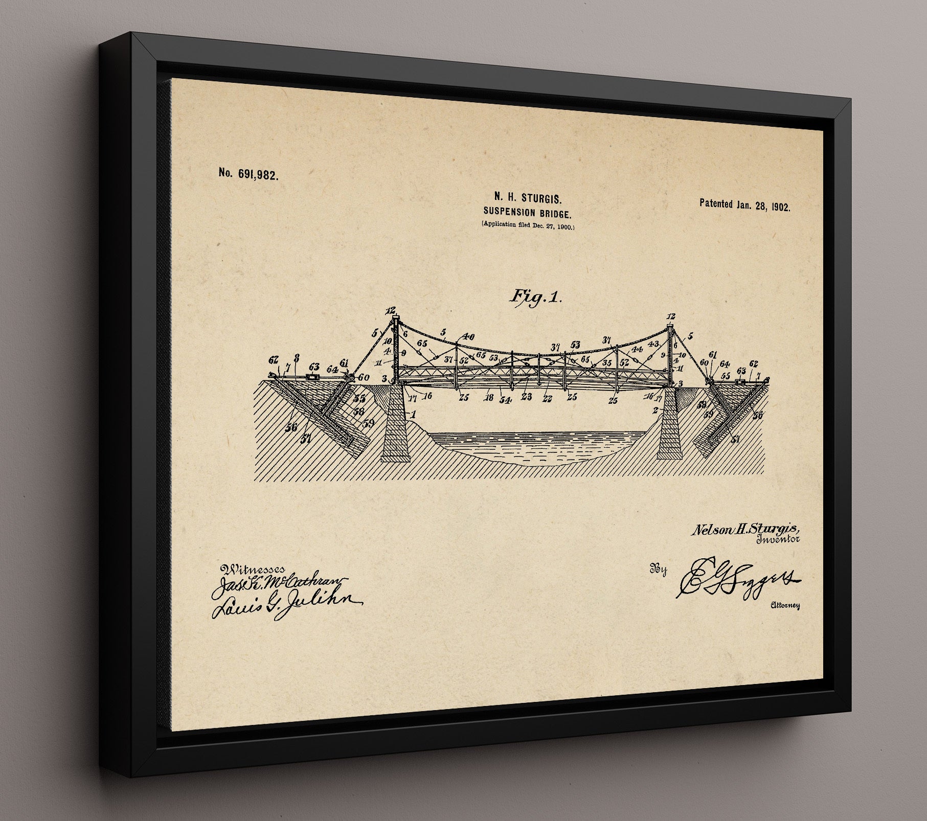Patent Print - Suspension Bridge - N H Sturgis - 1902 - Patent 691982 - Landscape Patent Wall Art