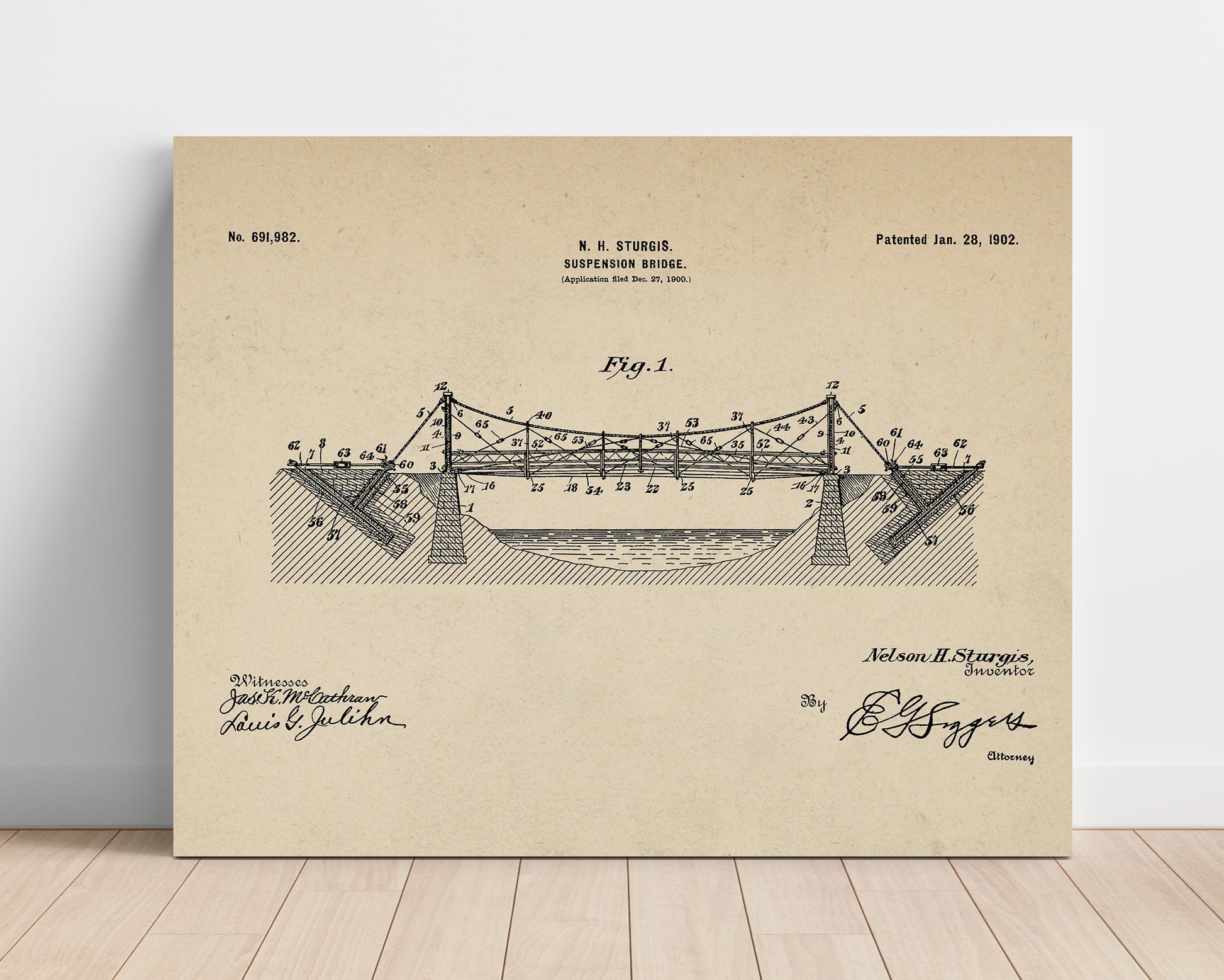 Patent Print - Suspension Bridge - N H Sturgis - 1902 - Patent 691982 - Landscape Patent Wall Art