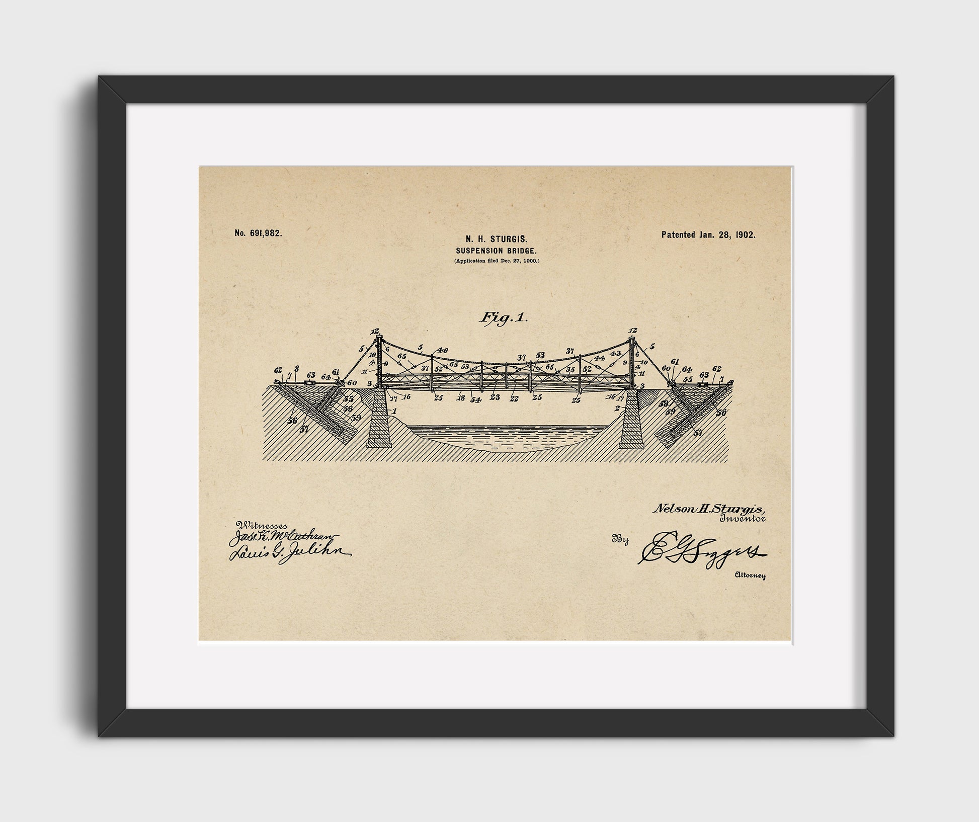 Patent Print - Suspension Bridge - N H Sturgis - 1902 - Patent 691982 - Landscape Patent Wall Art