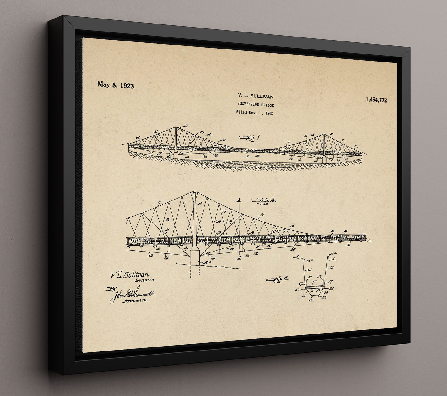 Patent Print - Suspension Bridge - V L Sullivan - 1923 - Patent 1454772 - Landscape Patent Wall Art