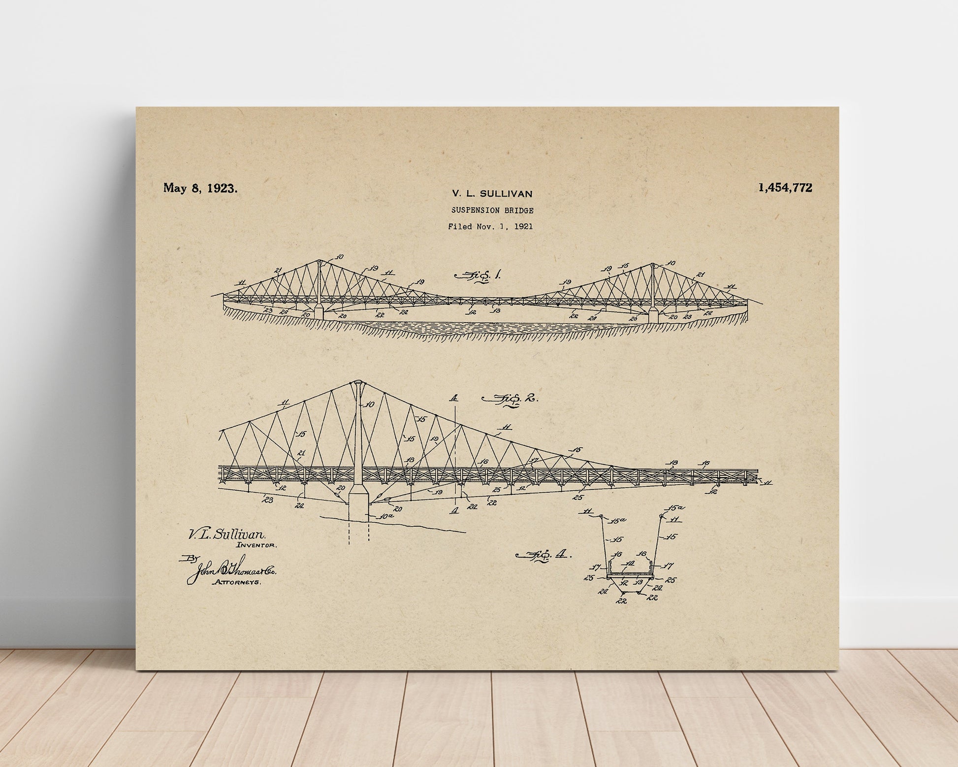 Patent Print - Suspension Bridge - V L Sullivan - 1923 - Patent 1454772 - Landscape Patent Wall Art