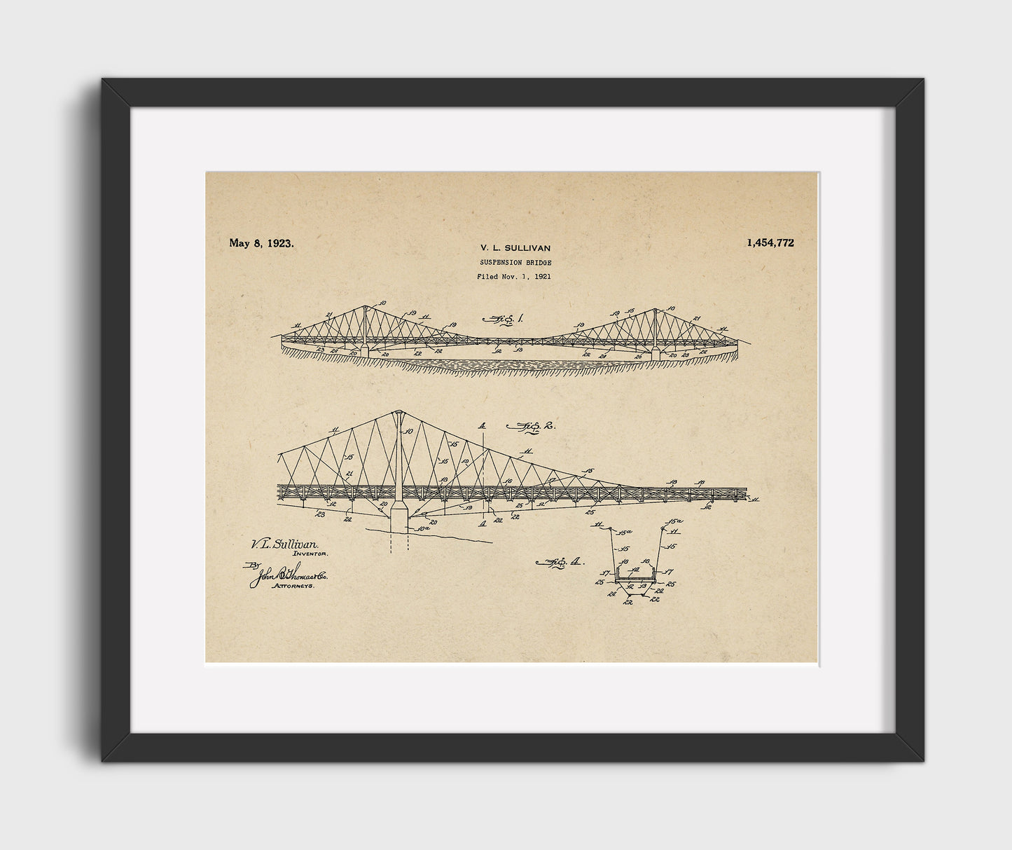 Patent Print - Suspension Bridge - V L Sullivan - 1923 - Patent 1454772 - Landscape Patent Wall Art
