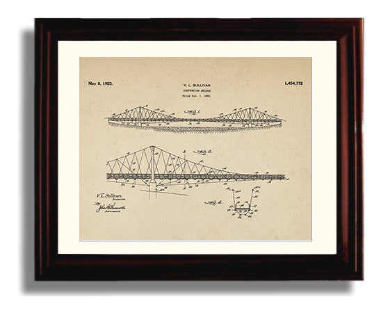 Patent Print - Suspension Bridge - V L Sullivan - 1923 - Patent 1454772 - Landscape Patent Wall Art