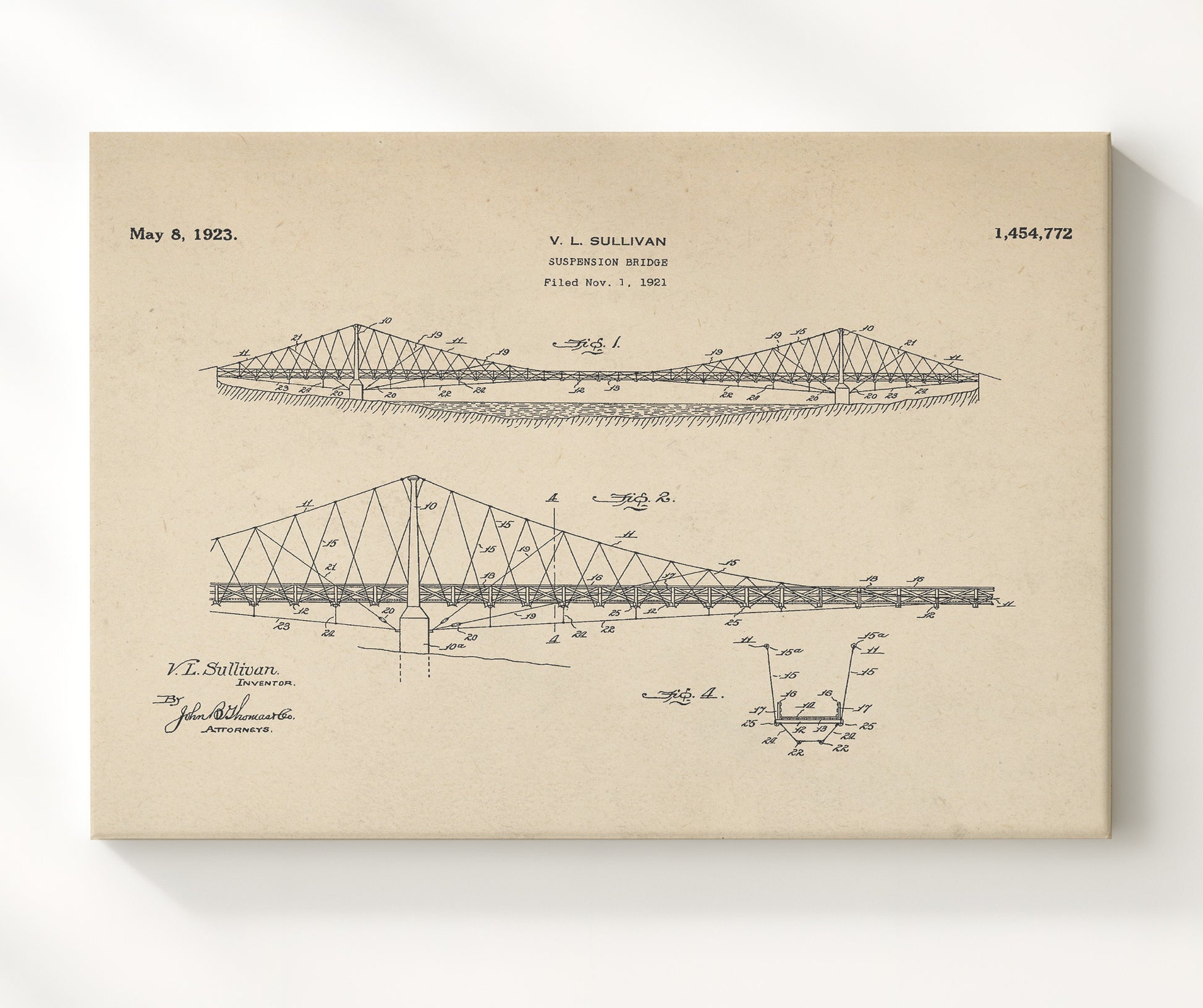 Patent Print - Suspension Bridge - V L Sullivan - 1923 - Patent 1454772 - Landscape Patent Wall Art