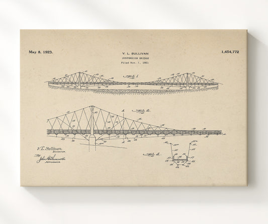 Suspension Bridge 1923 patent print wall art 8x10 Canvas