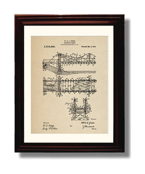Patent Print - Suspension Bridge - W H C Greer - 1912 - Patent 1019458 Patent Wall Art