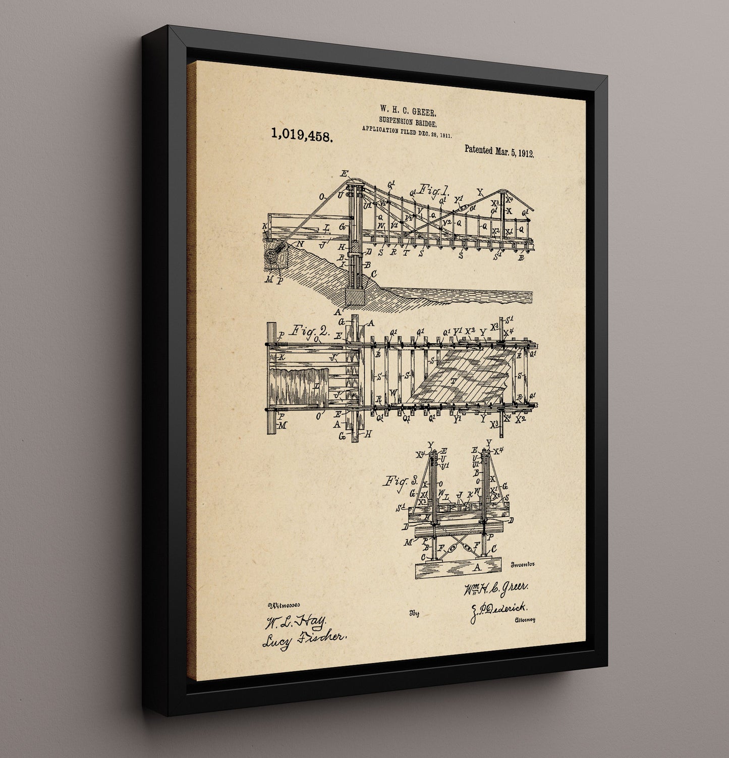Patent Print - Suspension Bridge - W H C Greer - 1912 - Patent 1019458 Patent Wall Art