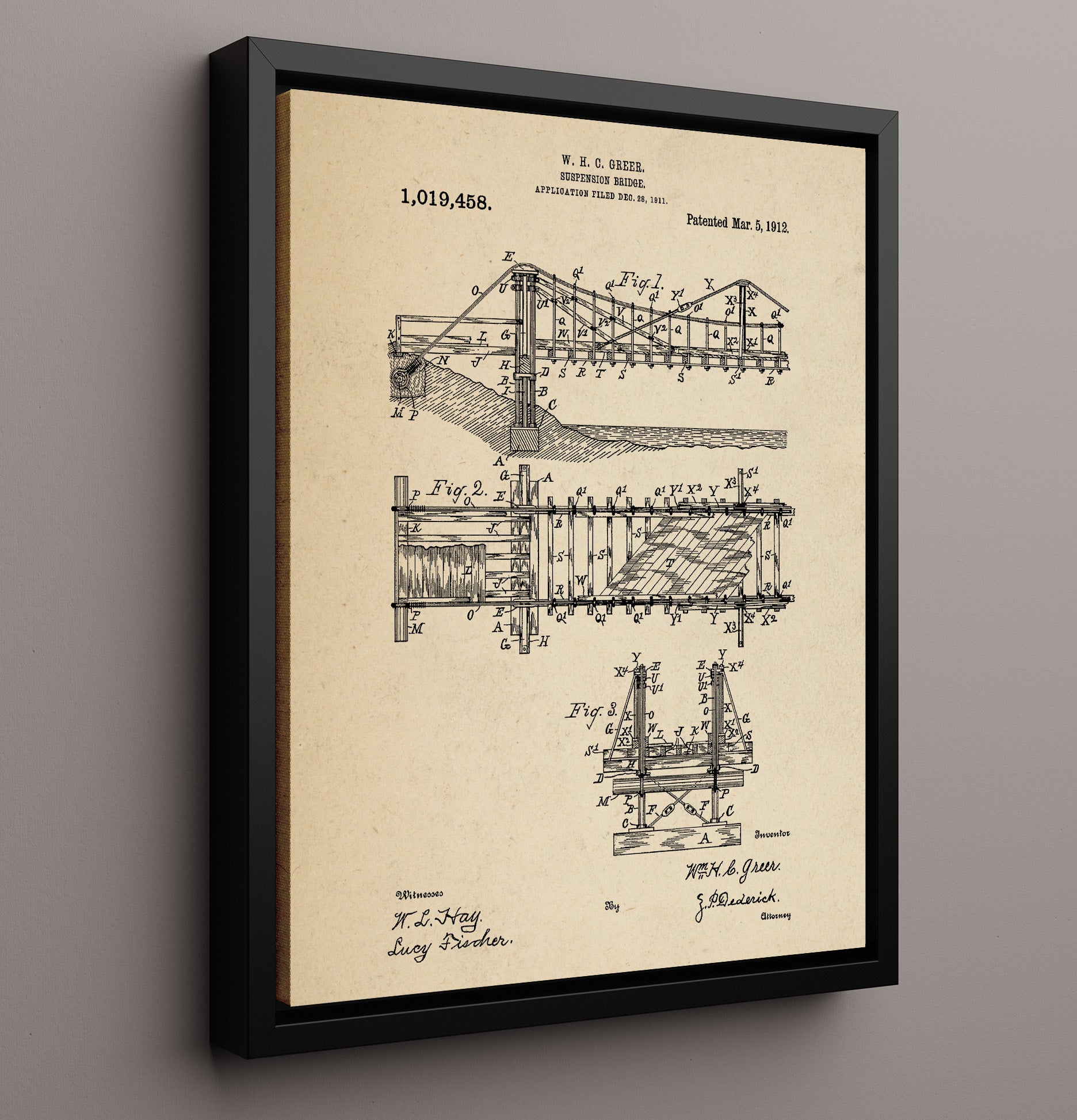 Patent Print - Suspension Bridge - W H C Greer - 1912 - Patent 1019458 Patent Wall Art