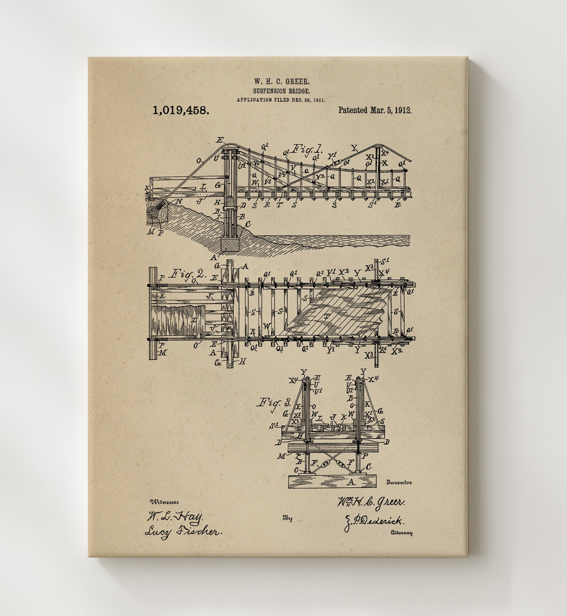 Patent Print - Suspension Bridge - W H C Greer - 1912 - Patent 1019458 Patent Wall Art