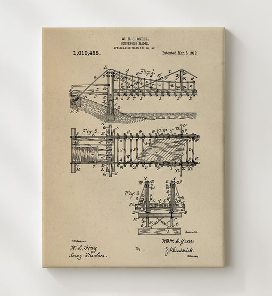 Suspension Bridge 1912 patent print wall art 8x10 Canvas