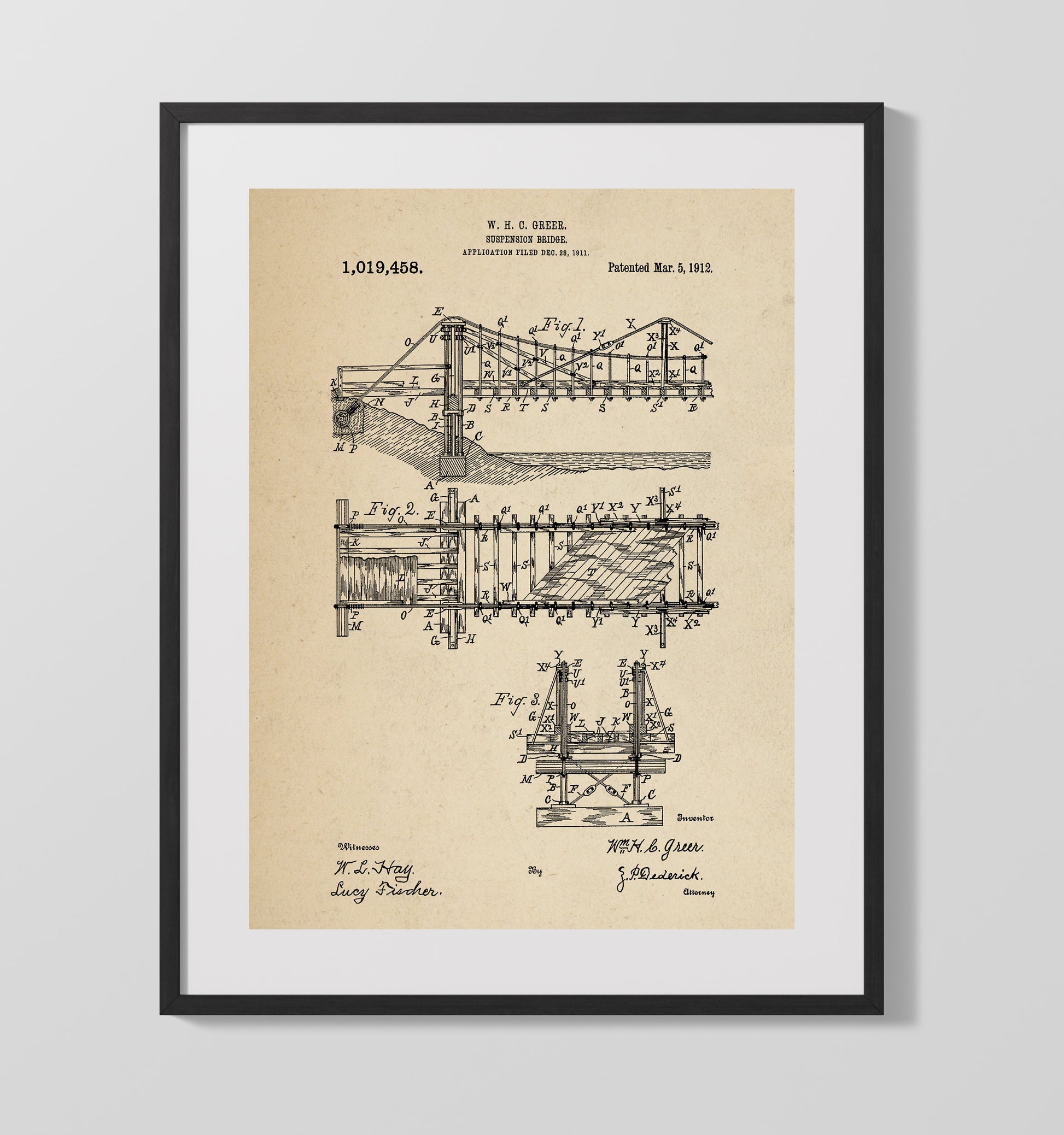 Patent Print - Suspension Bridge - W H C Greer - 1912 - Patent 1019458 Patent Wall Art
