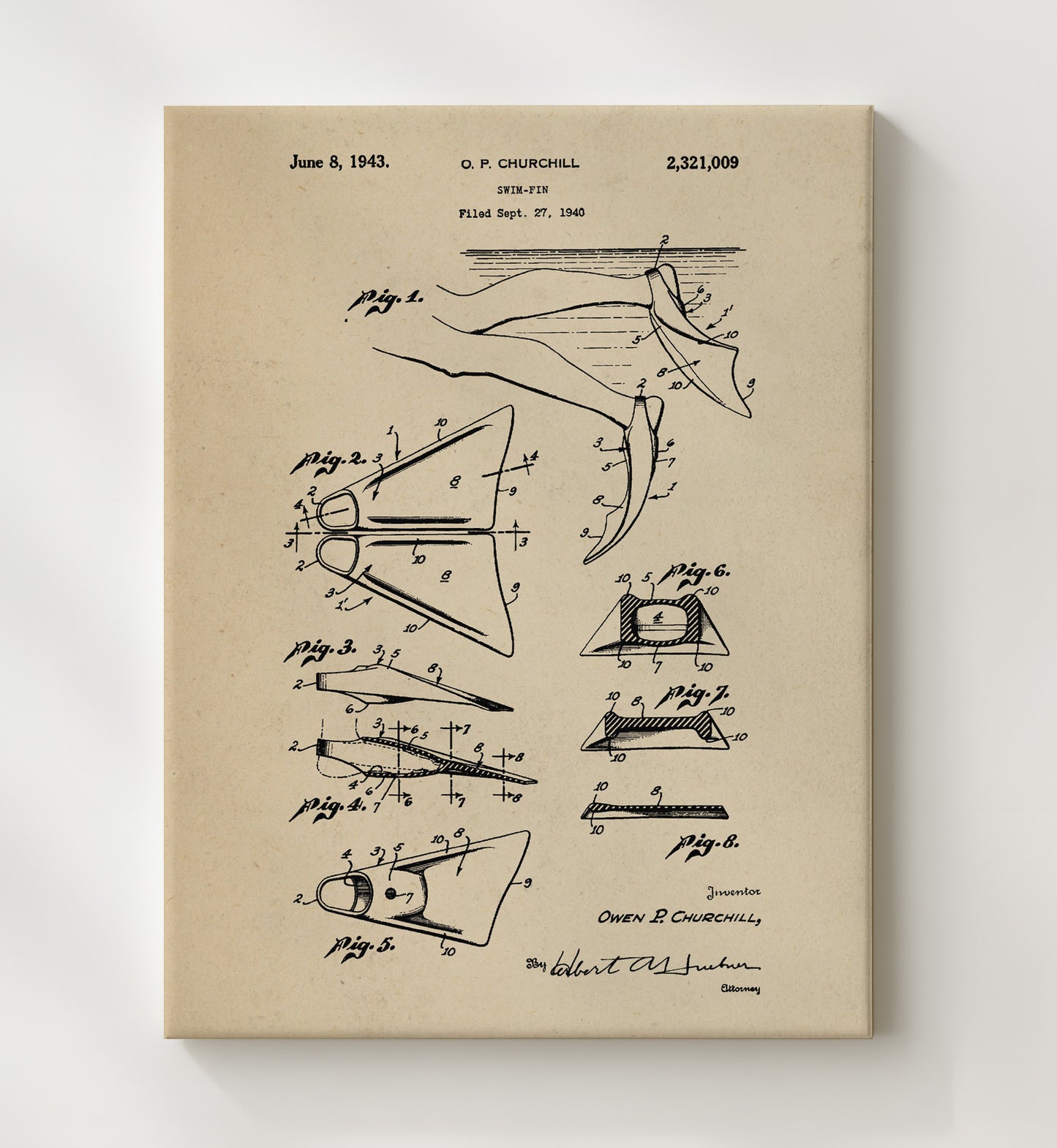 Patent Print - Swim Fin - Owen P. Churchill - 1943 - Patent 2321009 Patent Wall Art