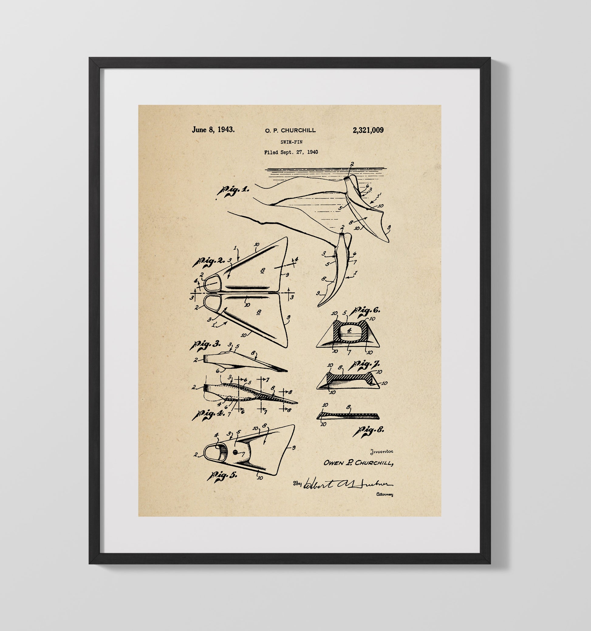 Patent Print - Swim Fin - Owen P. Churchill - 1943 - Patent 2321009 Patent Wall Art