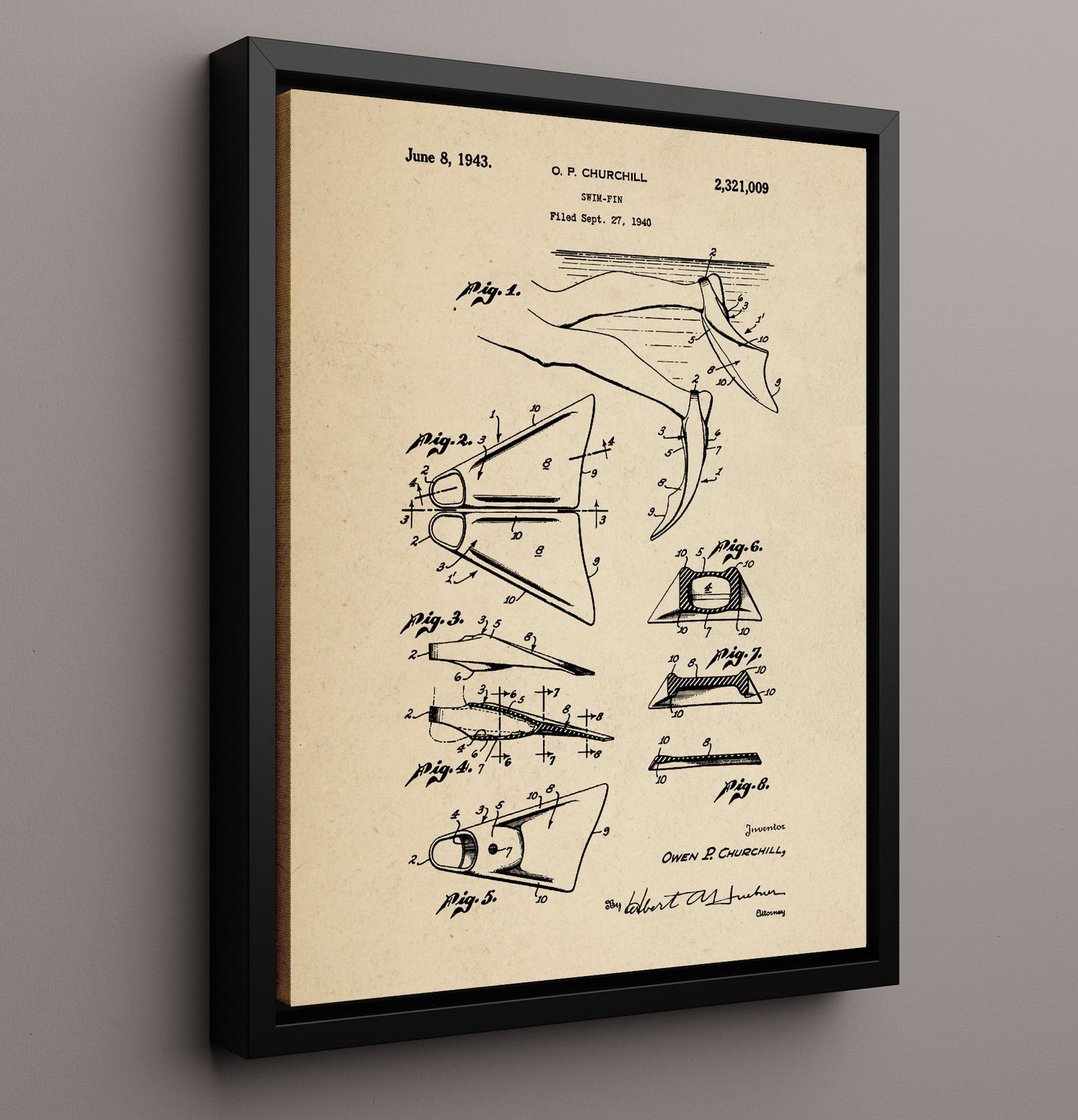 Patent Print - Swim Fin - Owen P. Churchill - 1943 - Patent 2321009 Patent Wall Art