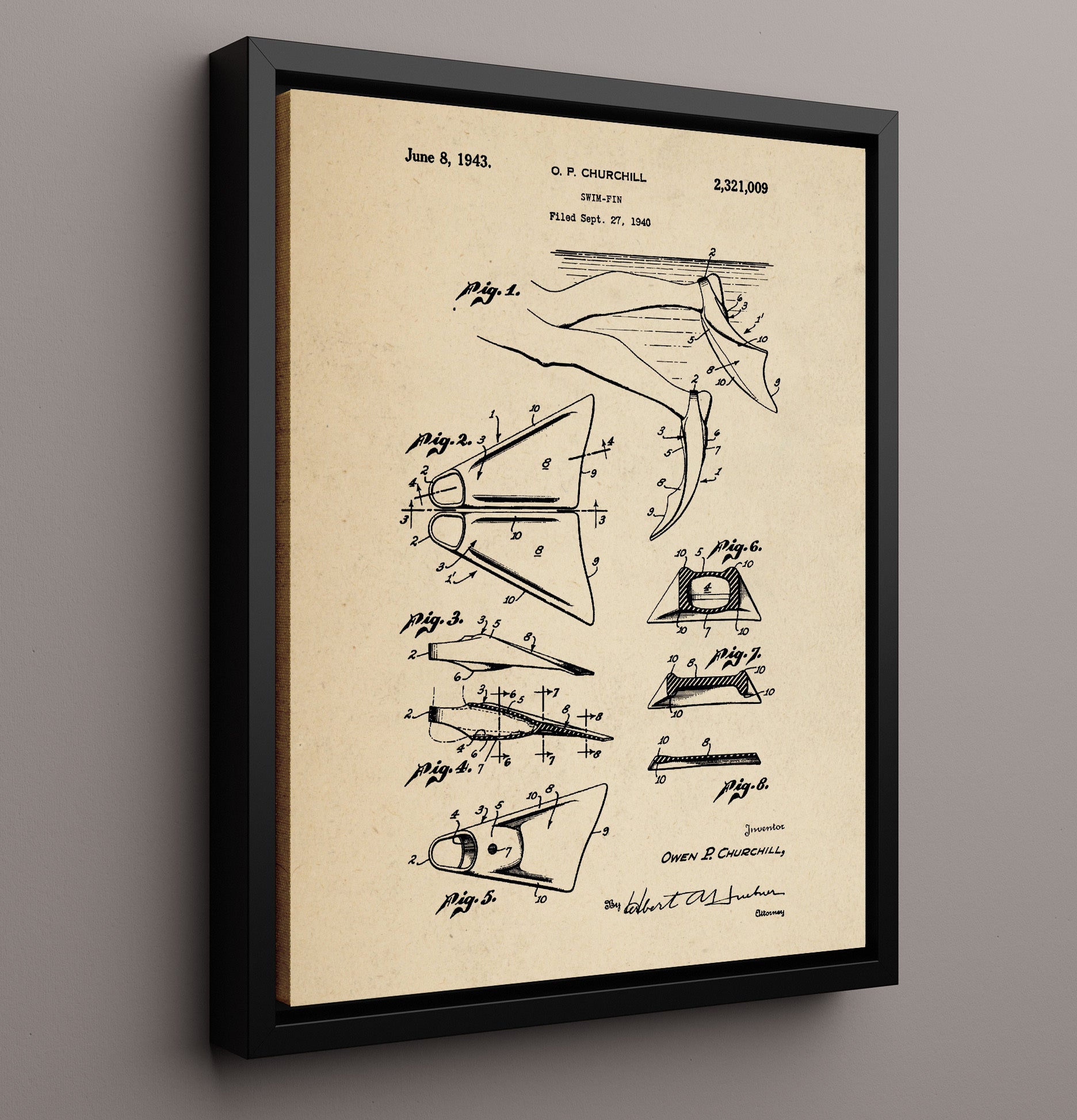Patent Print - Swim Fin - Owen P. Churchill - 1943 - Patent 2321009 Patent Wall Art