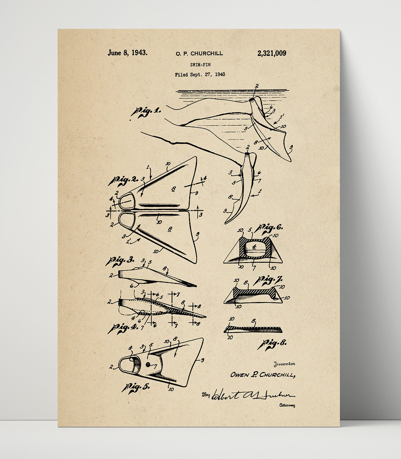 Patent Print - Swim Fin - Owen P. Churchill - 1943 - Patent 2321009 Patent Wall Art