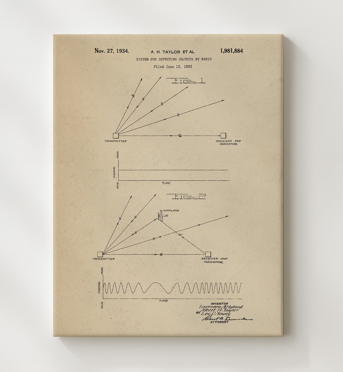 Patent Print - System For Detecting Objects By Radio - Albert H Taylor And Lawrence A Hyland - 1934 - Patent 1981884 Patent Wall Art