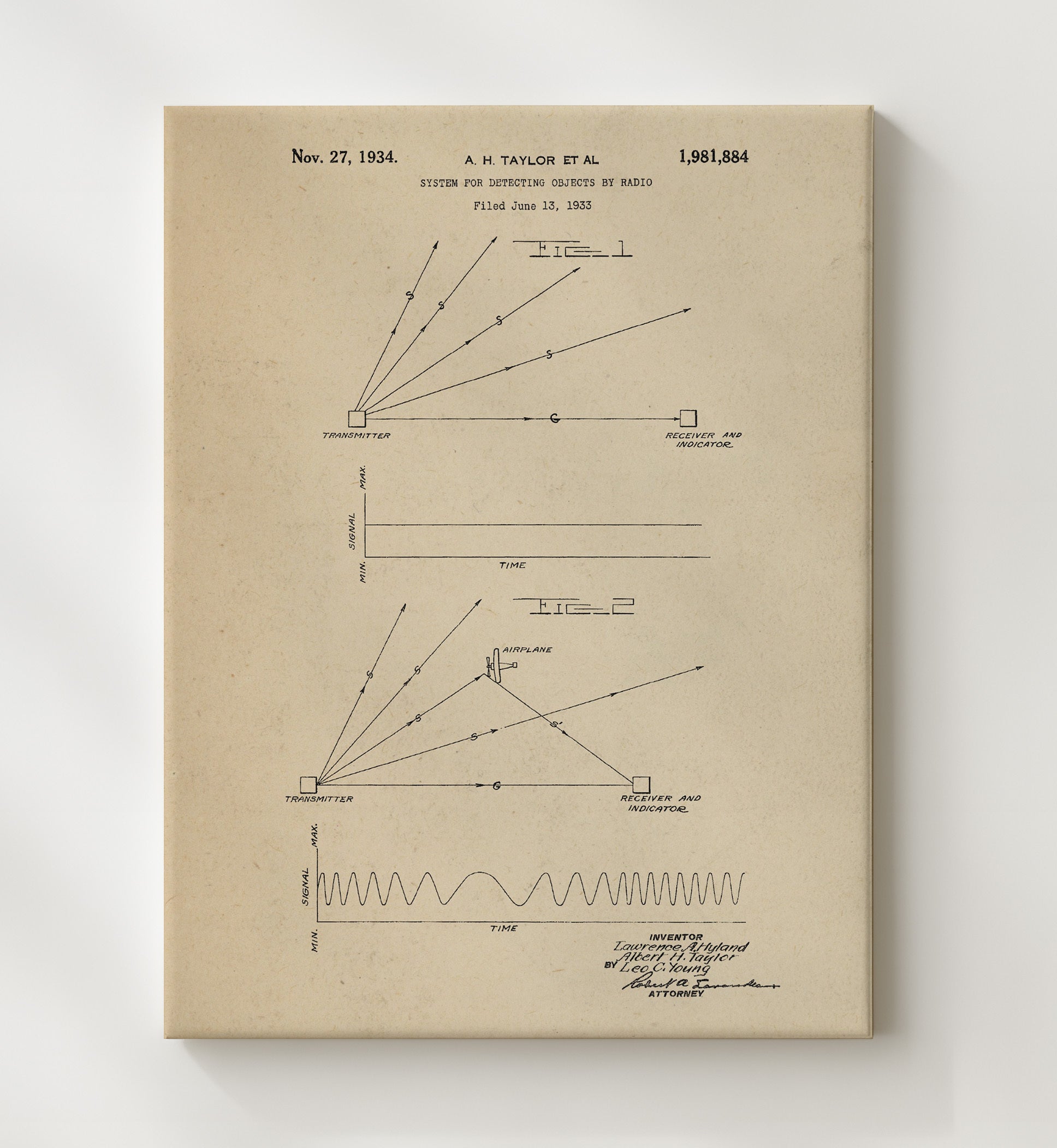 Patent Print - System For Detecting Objects By Radio - Albert H Taylor And Lawrence A Hyland - 1934 - Patent 1981884 Patent Wall Art