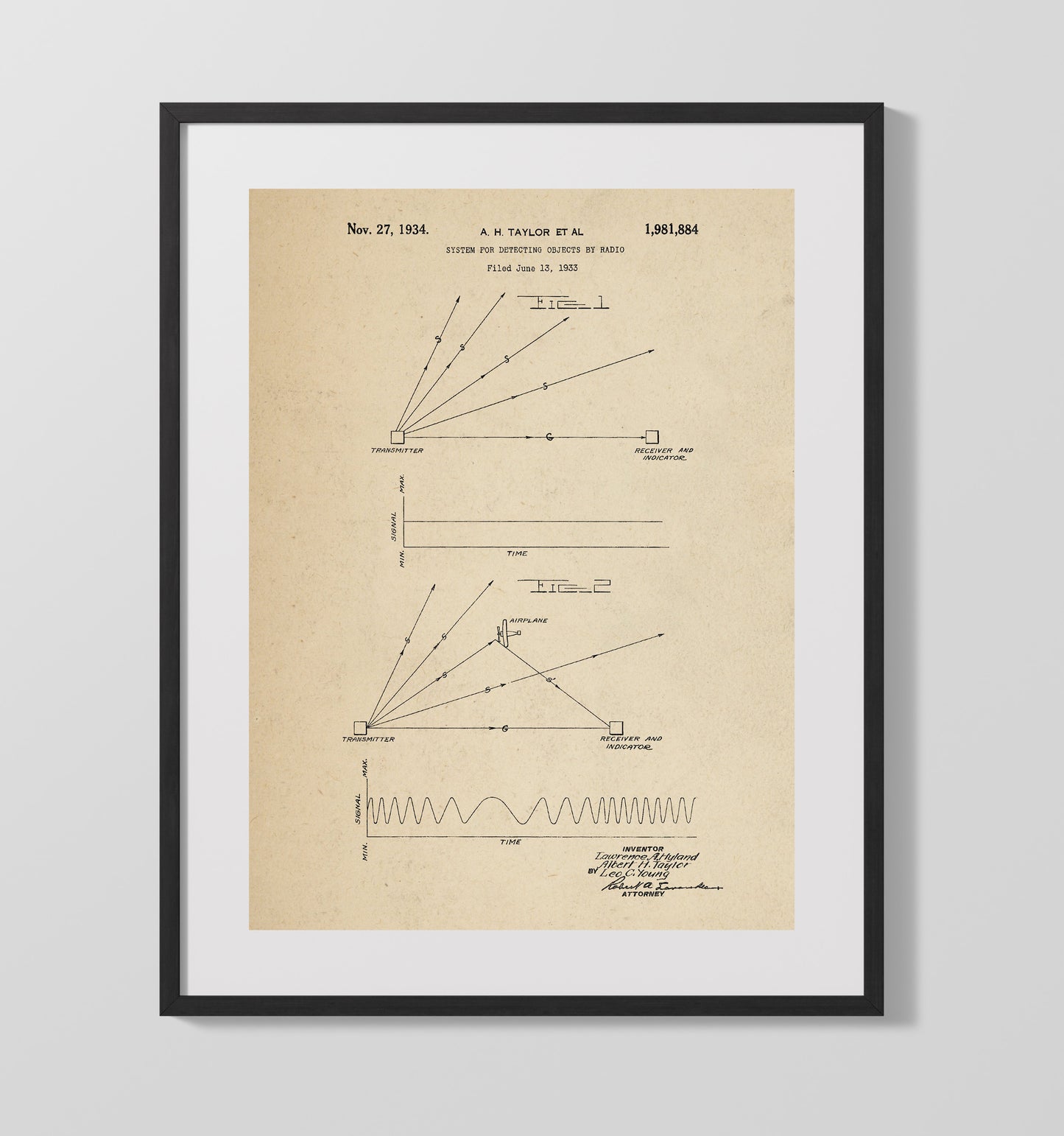 Patent Print - System For Detecting Objects By Radio - Albert H Taylor And Lawrence A Hyland - 1934 - Patent 1981884 Patent Wall Art