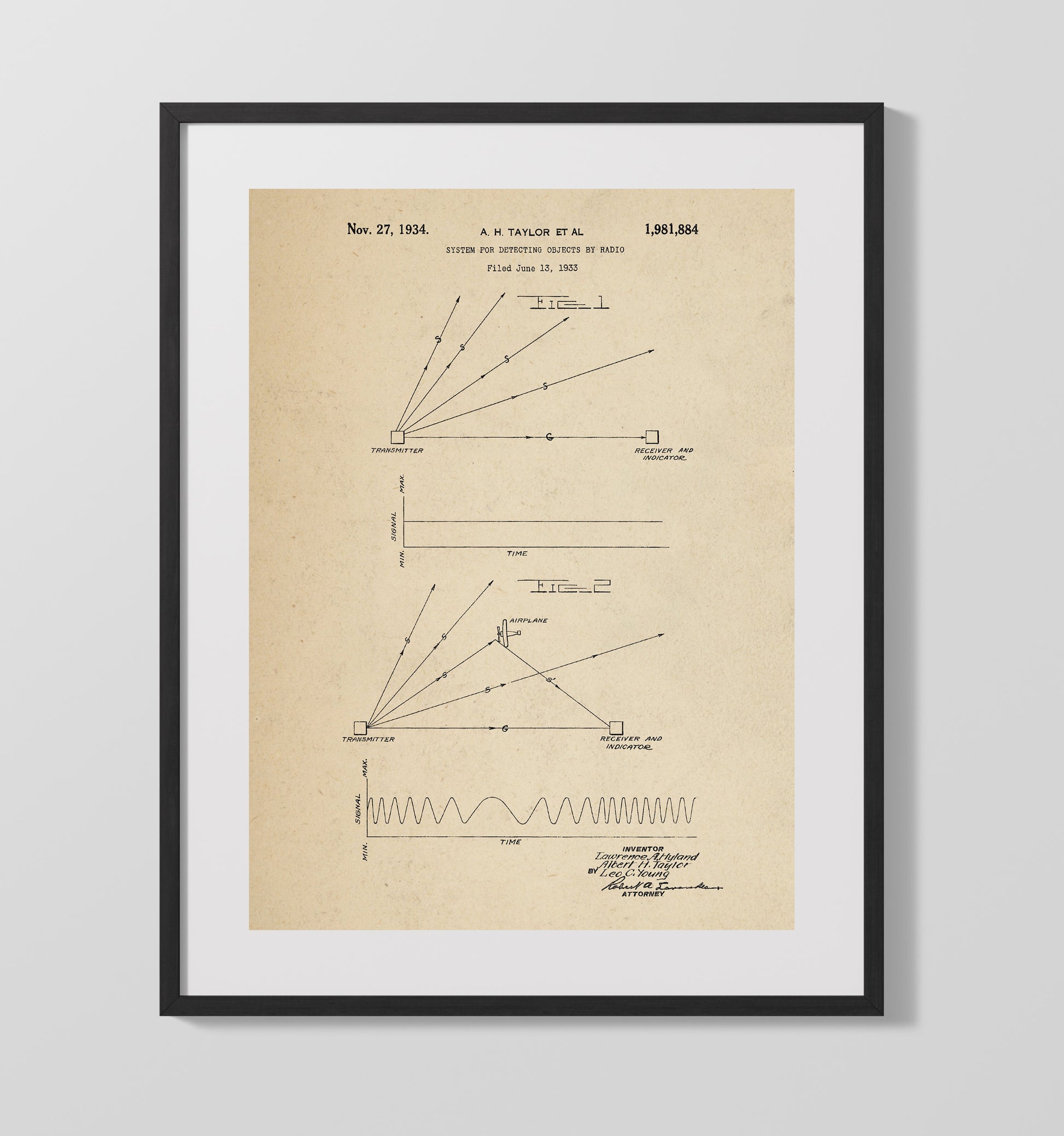 Patent Print - System For Detecting Objects By Radio - Albert H Taylor And Lawrence A Hyland - 1934 - Patent 1981884 Patent Wall Art