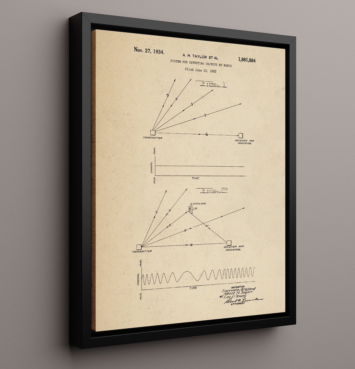 Patent Print - System For Detecting Objects By Radio - Albert H Taylor And Lawrence A Hyland - 1934 - Patent 1981884 Patent Wall Art