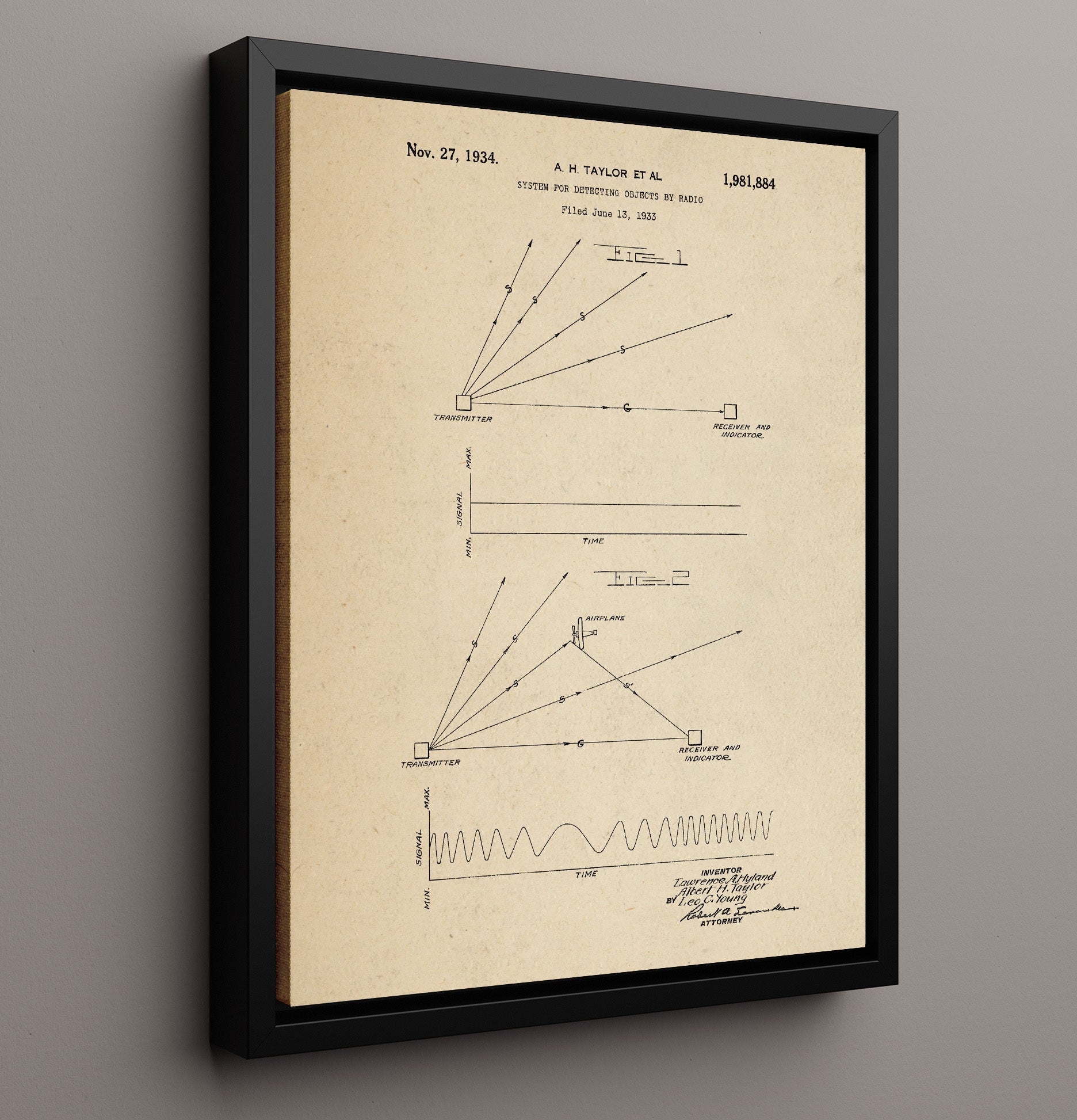 Patent Print - System For Detecting Objects By Radio - Albert H Taylor And Lawrence A Hyland - 1934 - Patent 1981884 Patent Wall Art