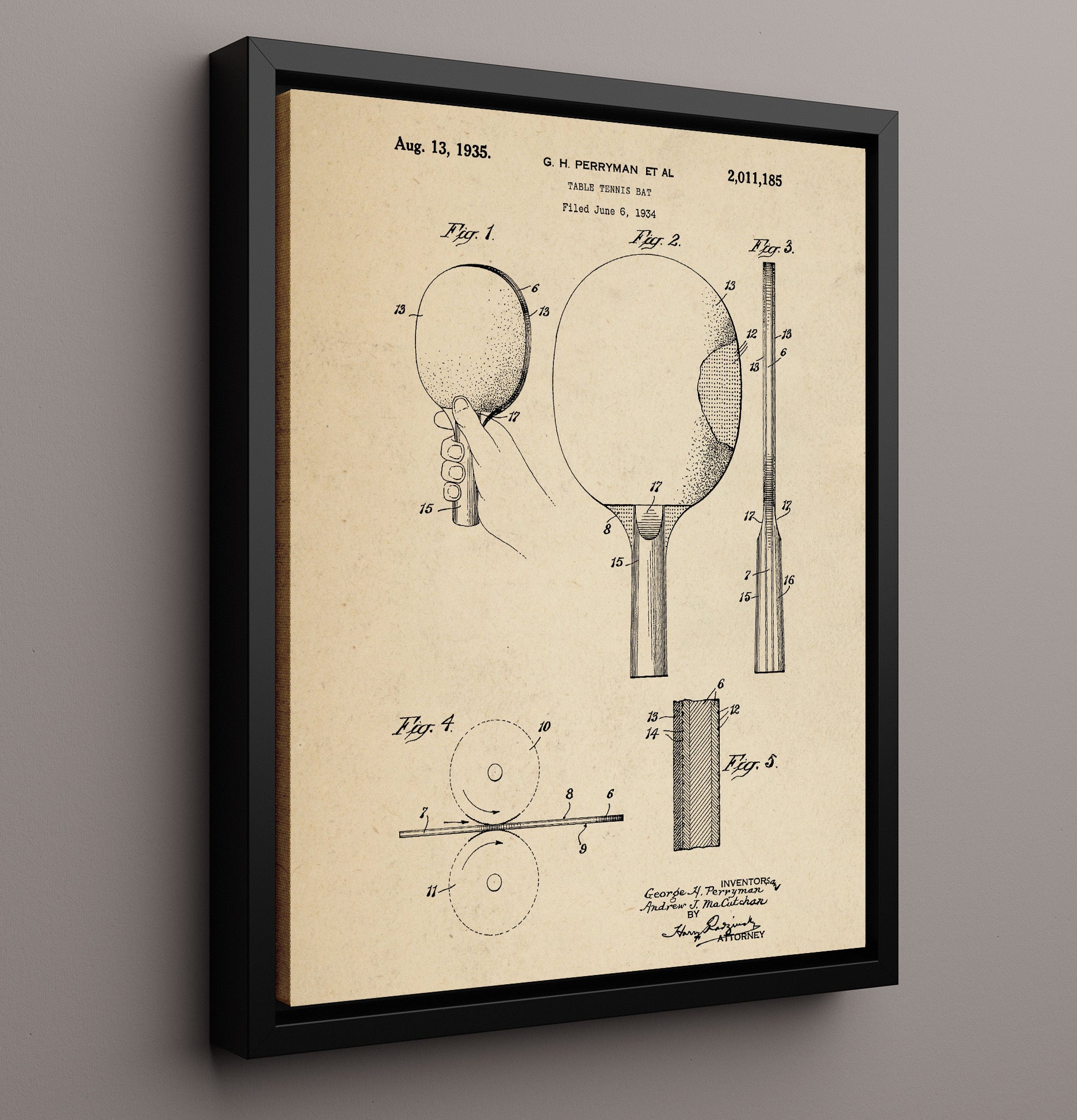 Patent Print - Table Tennis Bat - G H Perryman Et Al - 1935 - Patent 2011185 Patent Wall Art