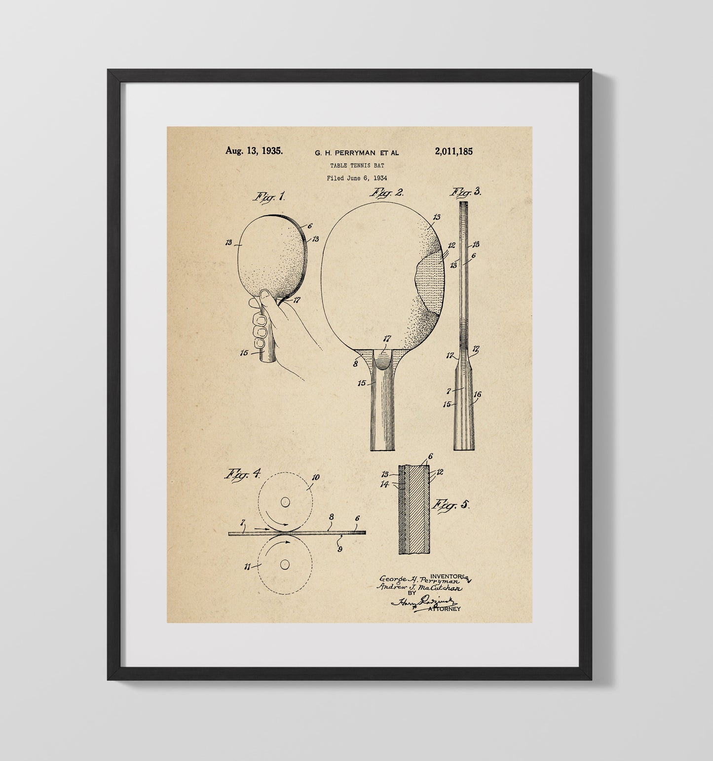 Patent Print - Table Tennis Bat - G H Perryman Et Al - 1935 - Patent 2011185 Patent Wall Art