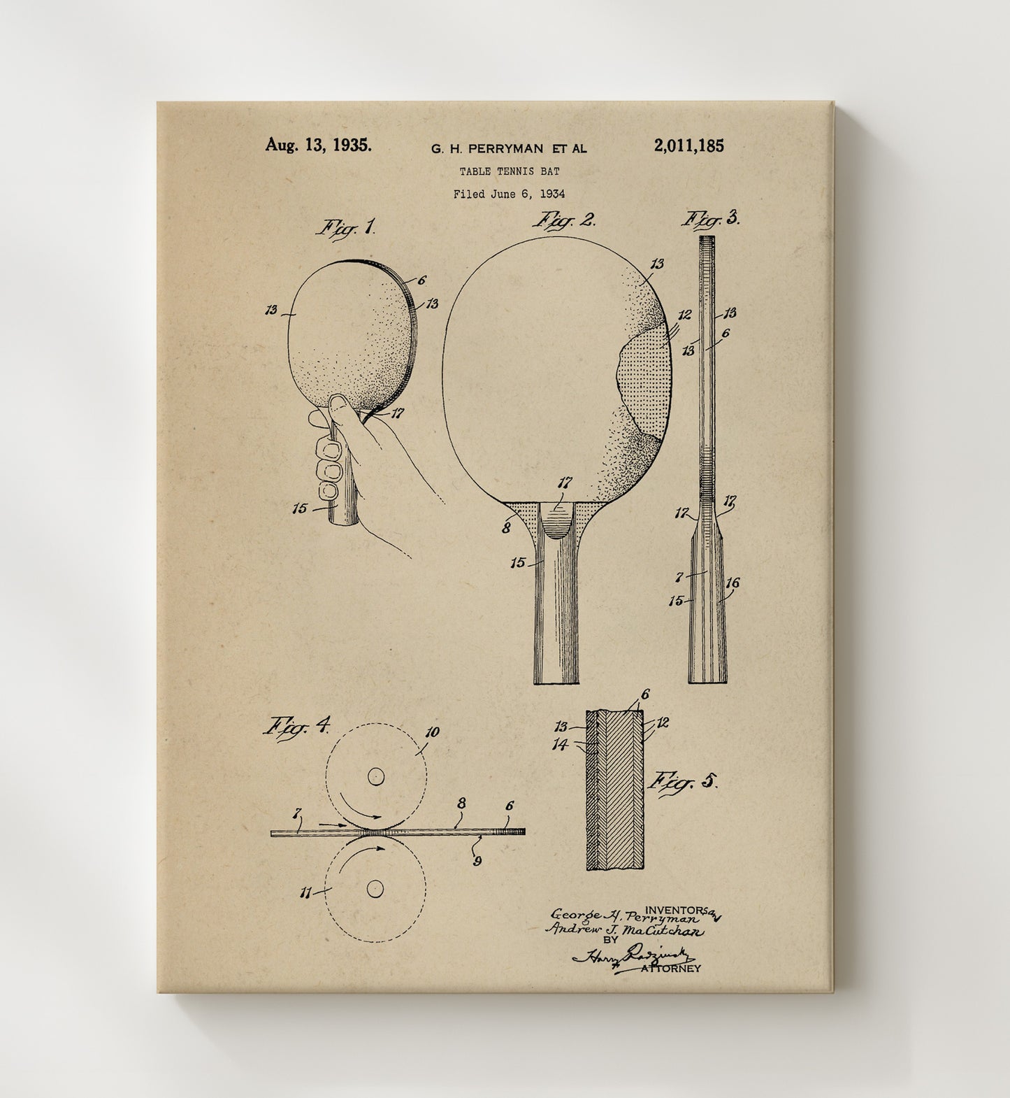 Patent Print - Table Tennis Bat - G H Perryman Et Al - 1935 - Patent 2011185 Patent Wall Art