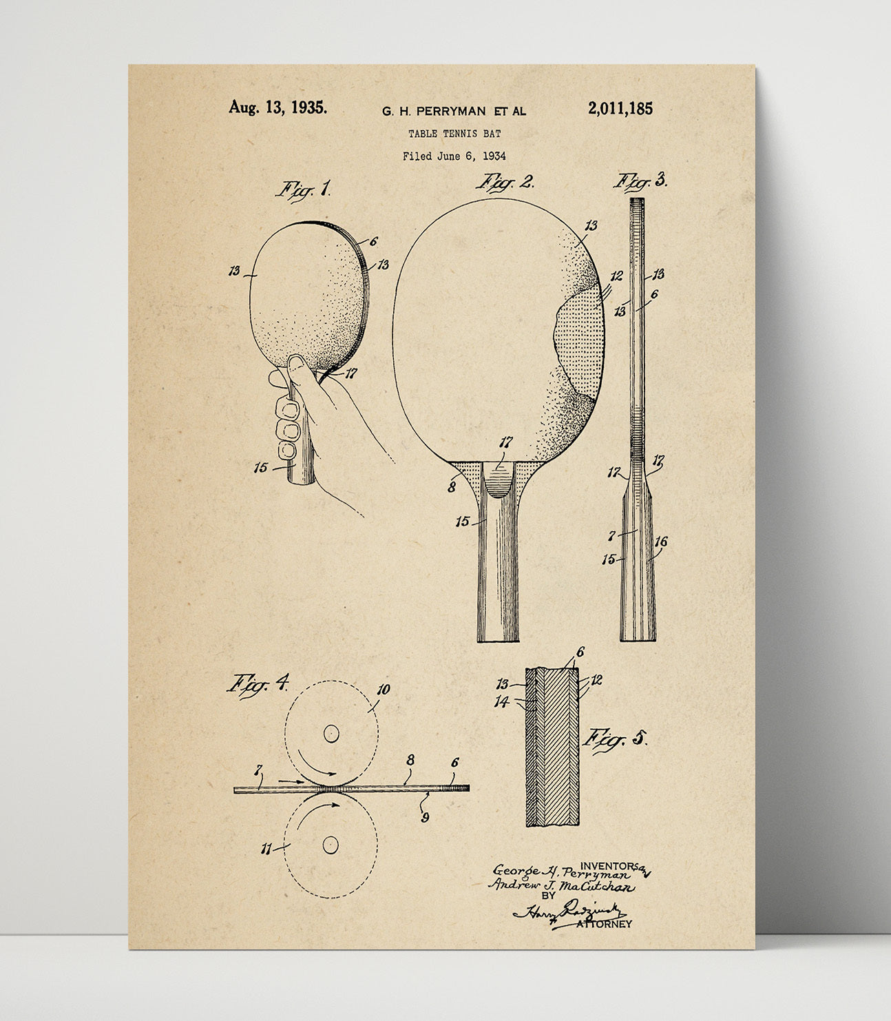 Patent Print - Table Tennis Bat - G H Perryman Et Al - 1935 - Patent 2011185 Patent Wall Art