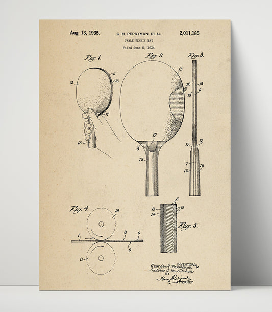 Table Tennis Bat - 1935 Patent - 16x20 Unframed Print