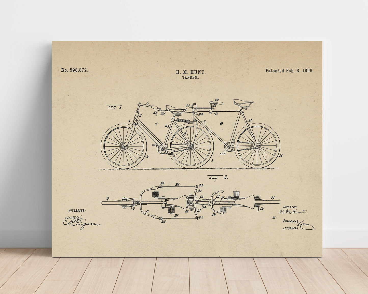 Patent Print - Tandem Bicycle - H M Hunt - 1898 - Patent 598872 - Landscape Patent Wall Art