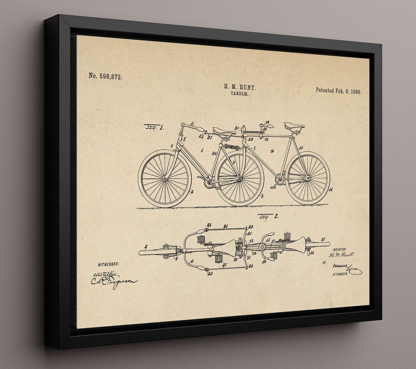 Patent Print - Tandem Bicycle - H M Hunt - 1898 - Patent 598872 - Landscape Patent Wall Art
