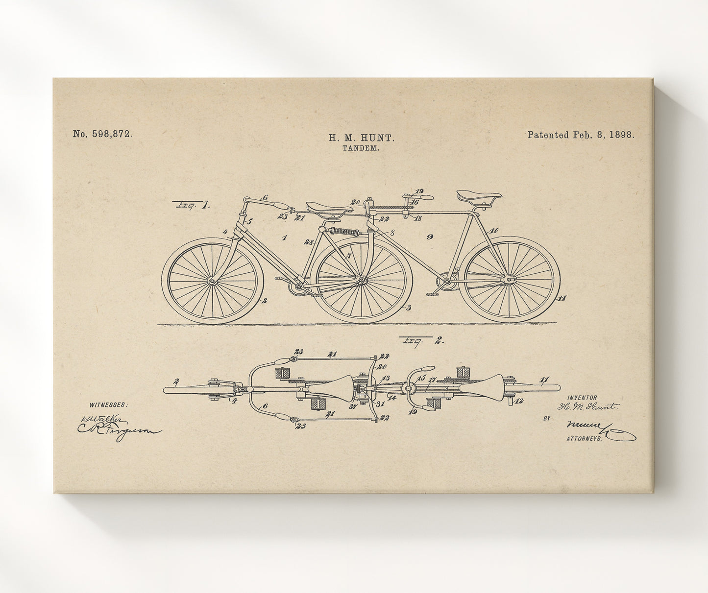 Patent Print - Tandem Bicycle - H M Hunt - 1898 - Patent 598872 - Landscape Patent Wall Art