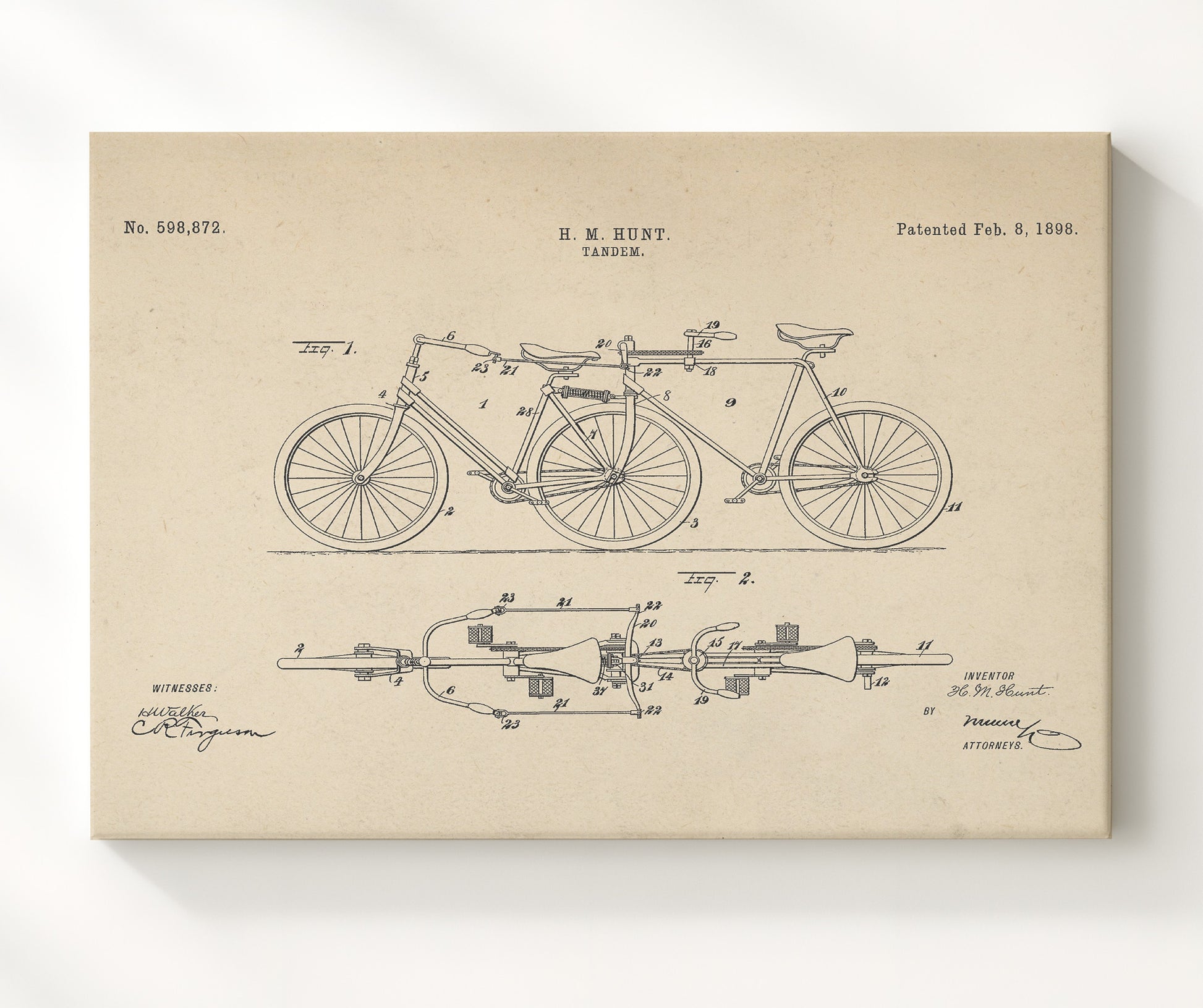 Patent Print - Tandem Bicycle - H M Hunt - 1898 - Patent 598872 - Landscape Patent Wall Art