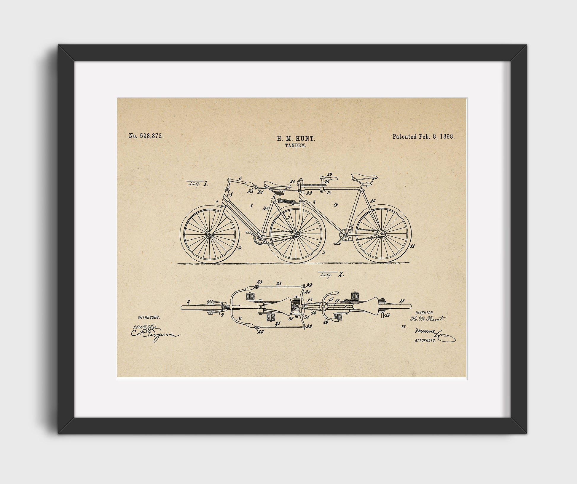 Patent Print - Tandem Bicycle - H M Hunt - 1898 - Patent 598872 - Landscape Patent Wall Art