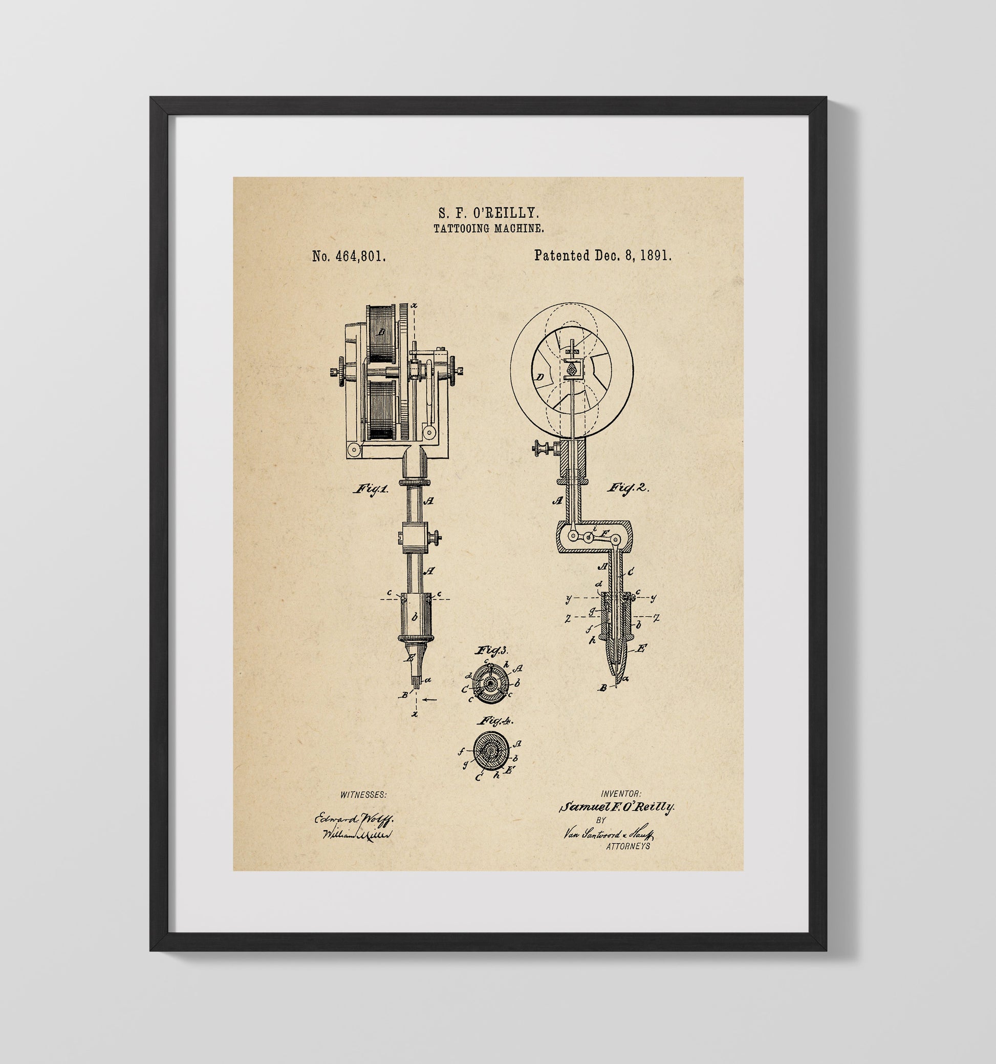 Patent Print - Tattooing Machine - S. F. Oreilly - 1891 - Patent 464801 Patent Wall Art