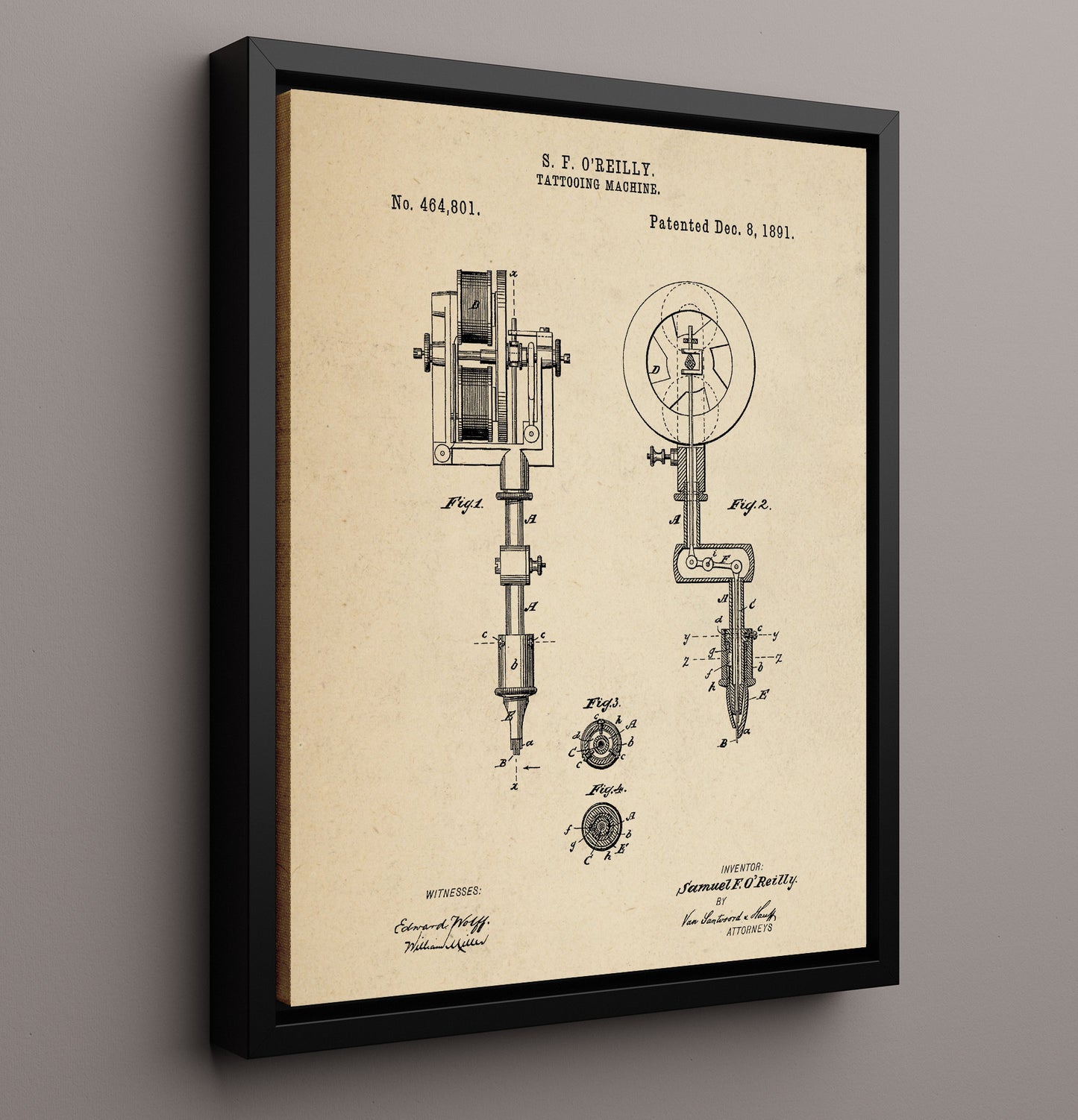 Patent Print - Tattooing Machine - S. F. Oreilly - 1891 - Patent 464801 Patent Wall Art