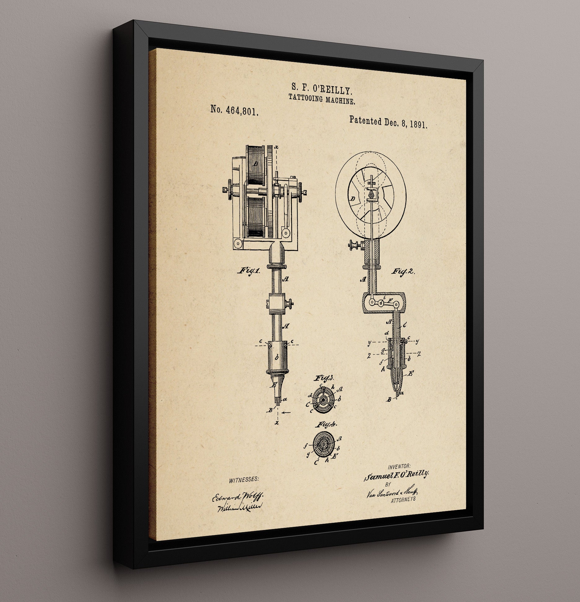 Patent Print - Tattooing Machine - S. F. Oreilly - 1891 - Patent 464801 Patent Wall Art